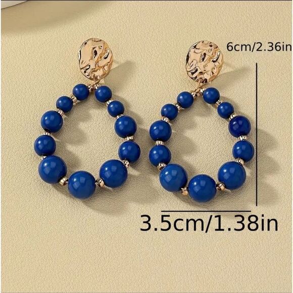 Blue & Gold Beaded Hoop Earrings - Picture 2 of 5